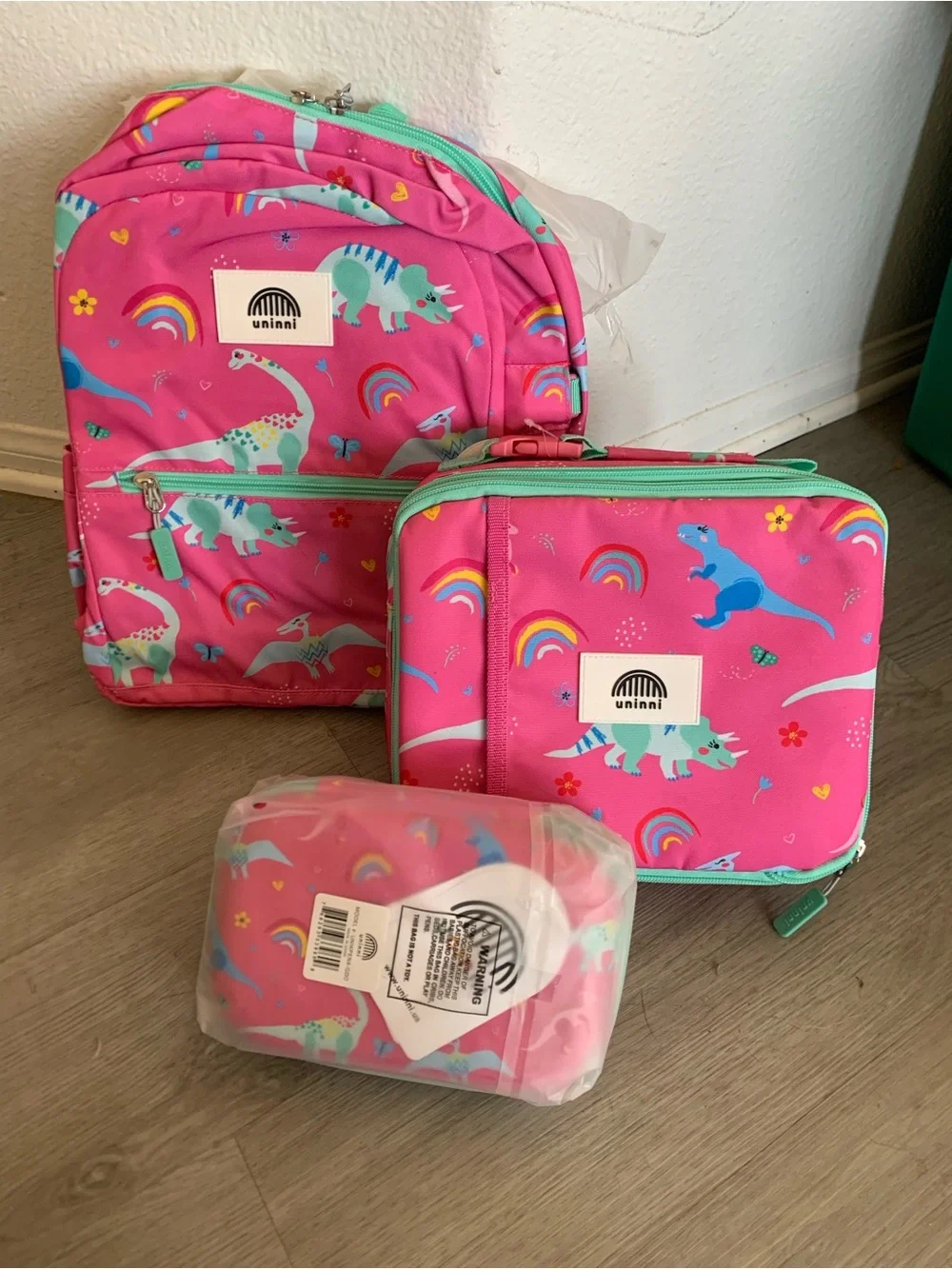 Uninni Kids Pink Dinosaur Backpack and Lunch Bag Set
